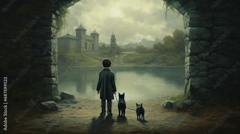 Back view of a child walking outdoors with his dog Back view of a child walking outdoors with his dog