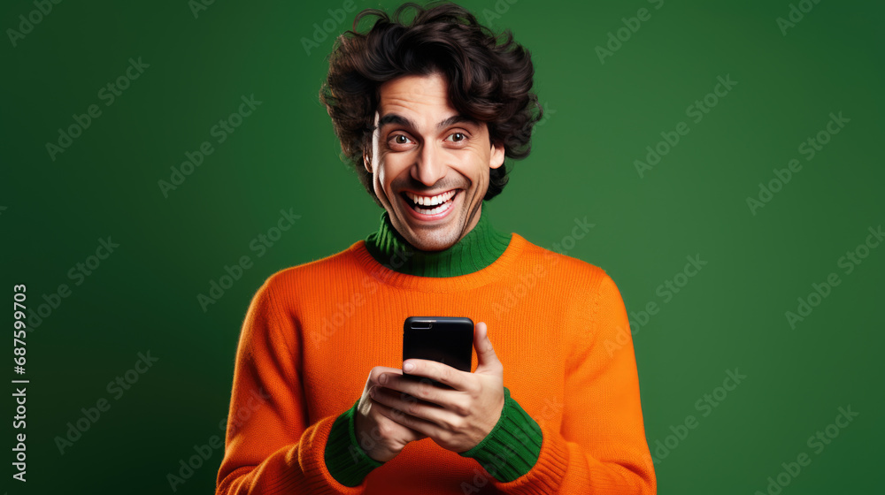Young man is using a smartphone against green background. Young man is using a smartphone against green background.