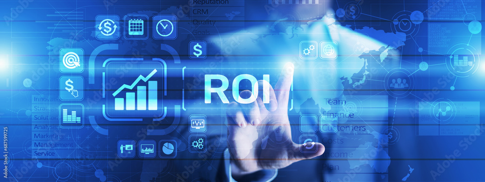 Fototapeta premium ROI Return on investment reading revenue business concept on virtual screen.
