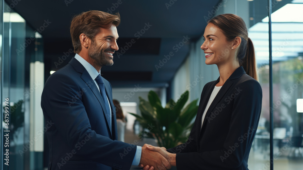 © Studio Nova - A woman and a man in suits shake hands in the office