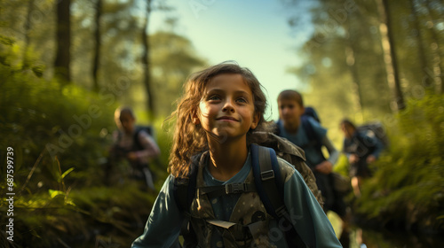 Outdoor Adventure: Kids hiking in nature reserves, learning about ecosystems, identifying plants and animals, or engaging in team-building activities