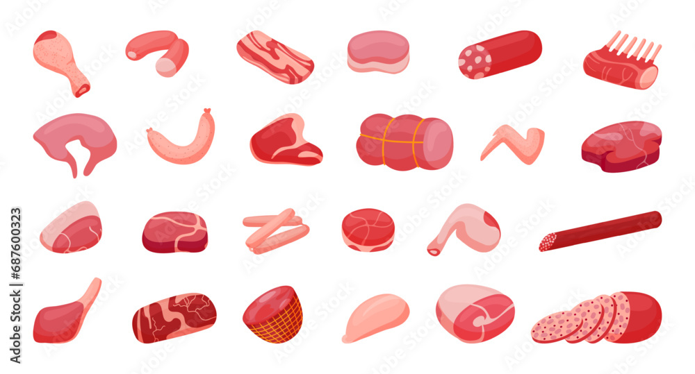 Fototapeta premium Meat and sausage cartoon fresh farm goods. Butchery shop or steakhouse menu food, meats market. Isolated bbq raw ingredients neoteric vector set