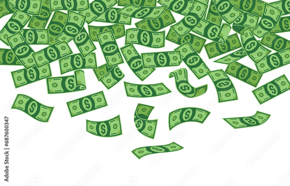 Falling dollars. Cartoon green dollar flying, money rain background. Financial and banking, investment profit metaphor. Neoteric vector banner Falling dollars. Cartoon green dollar flying, money rain background. Financial and banking, investment profit metaphor. Neoteric vector banner