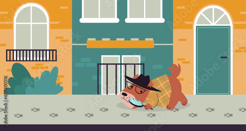 Animal detective in city. Cartoon dog looking evident and smell criminal character at footprints. Police puppy investigation, nowaday vector scene