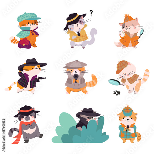 Cat detectives cartoon mascots. Cute cat in suit hold magnifying glass, reading notes and looking steps. Animal detective characters, nowaday vector clipart