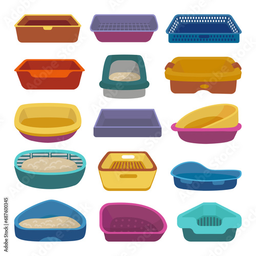 Cat tray set. Pets sandboxes, isolated cartoon toilets for kittens. Litter box icons, pet shop goods for hygiene and clean. Animals items neoteric vector clipart photo