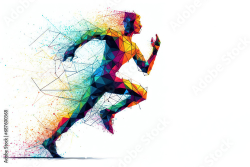 Polygonal person running colorful splash contrast sharp on white background. ai generative