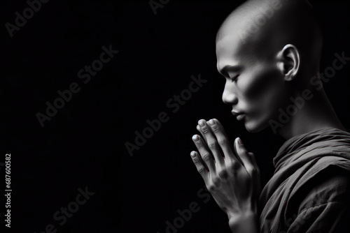 praying monk on solid black background. ai generative