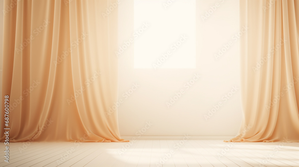 The closed beige curtain in the theatre background. Theatrical drapes. Beige curtains on a theatre stage. The closed beige curtain in the theatre background. Theatrical drapes. Beige curtains on a theatre stage.