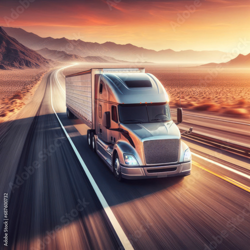 Semi truck driving fast on long road with desert landscape. Transportation and delivery concept. ai generative