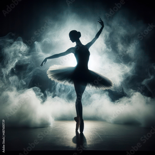 silhouette of a ballerina on stage in smoke and dramatic light. ai generative