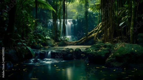Mystery night at deep tropical rain forest with flowing cascade waterfall. Fantasy jangle landscape,Generative Ai photo