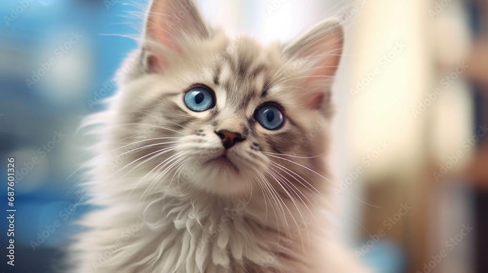 Captivating close-up shot of a white fluffy kitten with mesmerizing blue eyes. calm atmosphere, deliicate blue and yellow lights.