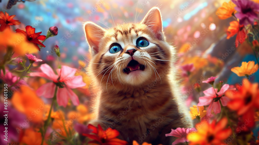 cute red kitten delighted by a colorful garden cute red kitten delighted by a colorful garden