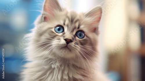 Captivating close-up shot of a white fluffy kitten with mesmerizing blue eyes. calm atmosphere, deliicate blue and yellow lights.