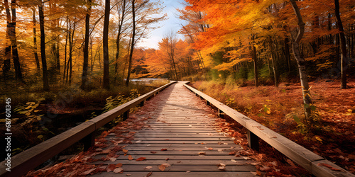 Wooden bridge in an autumn forest, A wooden walkway in the woods with fall foliages and yellow leaves on trees behind it photo by steve gardin, generative AI

 photo
