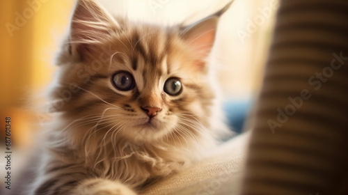 The kitten is sitting against a soft, blurred background, and its expressive face conveys innocence and charm. calm atmosphere.