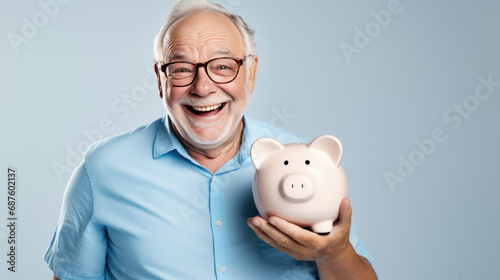 Cheerful senior man holding a piggy bank, symbolizing savings and financial security in retirement.