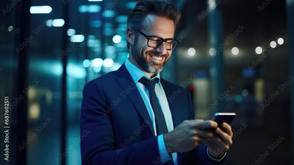 Smiling man in a business suit is looking at his smartphone against office background Smiling man in a business suit is looking at his smartphone against office background