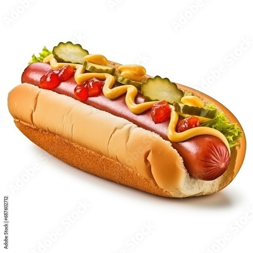 hot dog with mustard and ketchup isolated on white background