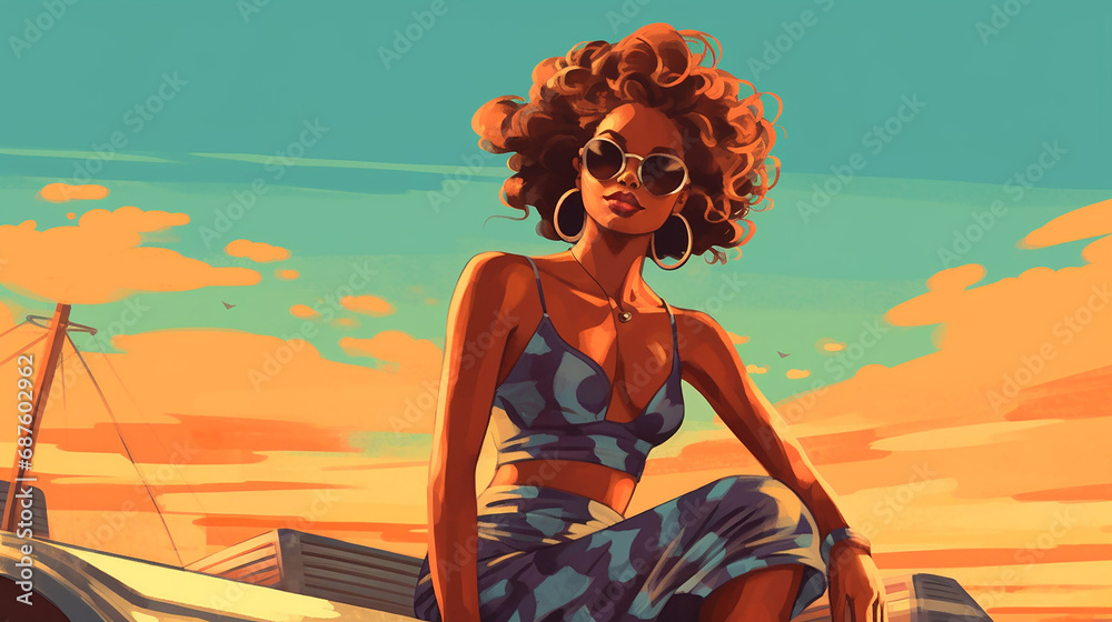 Beautiful black woman wearing vintage clothes is enjoy a sunny summer day 