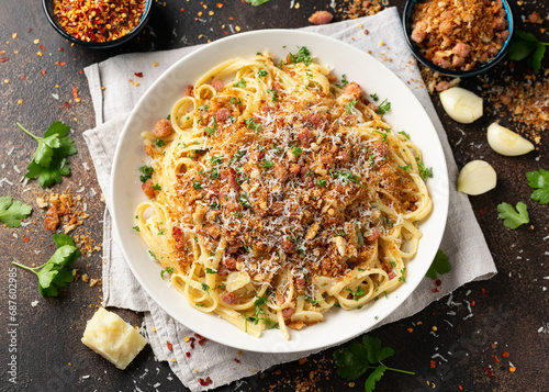 Spaghetti With Toasted Breadcrumbs, bacon and parmesan cheese.