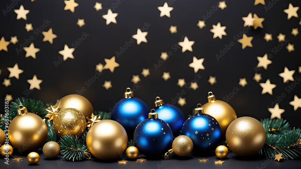 Group of Gold and Blue Christmas Ornaments on Table, Gold Stars on Dark Background Group of Gold and Blue Christmas Ornaments on Table, Gold Stars on Dark Background
