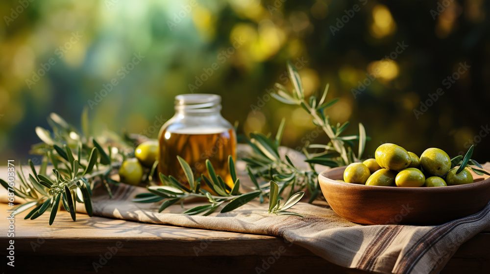 Fresh olives in salad bowls on wooden table under branches of olive tree..