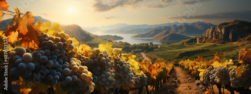 White grapes on a vine in a vineyard on a sunset photo