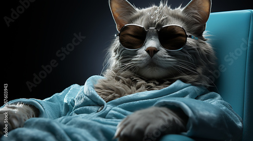 Cute kitten in funny glasses after bath wrapped in towel with big eyes. Just washed lovely fluffy cat. Cat for advertising tape.
