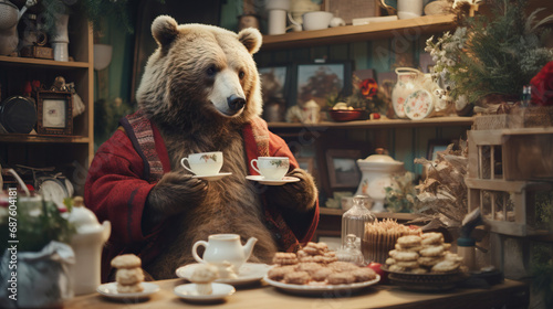 Bear Having a Tea Party in a Library: whimsical tea party in the cozy setting of a library.