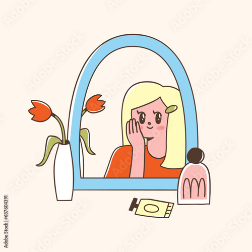 Cute girl looking in the mirror, a vase and girly products. Vector illustration of self-care concept. Hand drawn elements in trendy flat style.