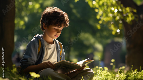 Reading in Nature: Kids reading books, relaxing, or studying in peaceful outdoor environments like parks, by riversides, or under shady trees. photo