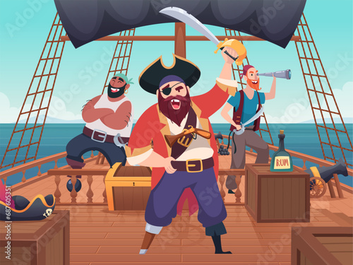 Pirate ship. Aggressive sailor corsairs standing on ship deck. Vector cartoon background