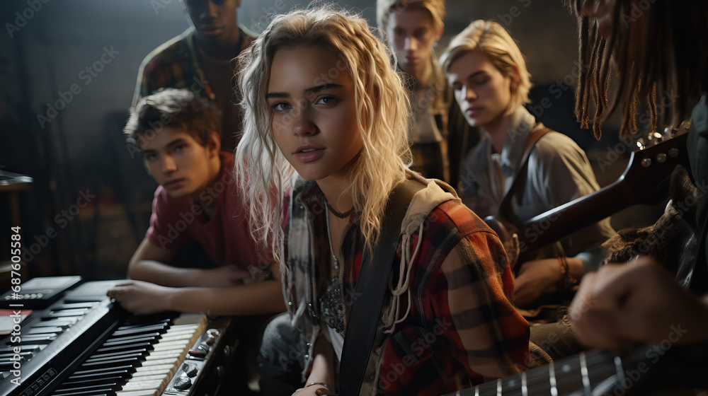 Teenagers dressed in grunge fashion with ripped jeans and flannel shirts, playing musical instruments in a garage, reminiscent of the 90s music scene.