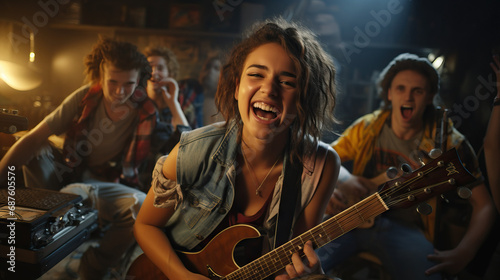 Teenagers dressed in grunge fashion with ripped jeans and flannel shirts, playing musical instruments in a garage, reminiscent of the 90s music scene.