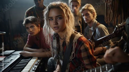 Teenagers dressed in grunge fashion with ripped jeans and flannel shirts, playing musical instruments in a garage, reminiscent of the 90s music scene.