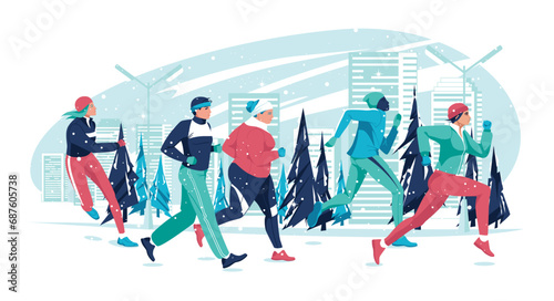 A group of people of different ages, races, weights running on a city street in winter. Marathon, sports competitions, hobbies. Vector flat illustration