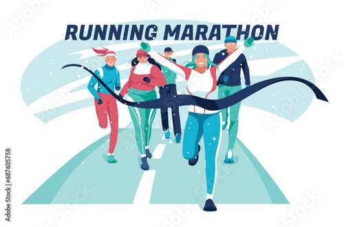 A group of people of different ages, races, and weights are running along an empty highway in winter. Marathon, sports competitions, hobbies. Vector flat illustration
