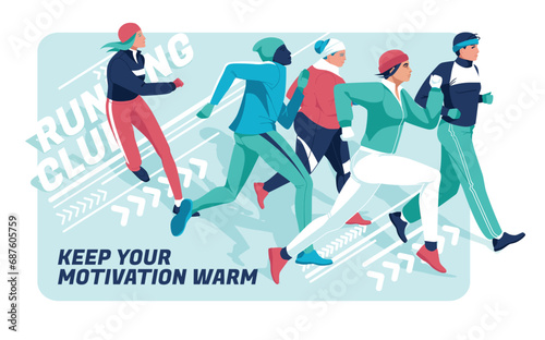 A group of people of different ages, races and weights, dressed in warm sports clothes, are running on an abstract background. Winter marathon, sports competitions, hobbies. Vector flat illustration