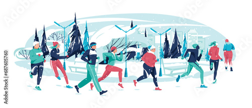 Group of people of different ages, races, weights running in city park in winter. Marathon, sports competitions, hobbies. Vector flat illustration