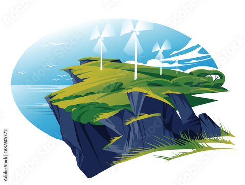 Electric windmills on a green sea cliff. Vector flat illustration. The concept of sustainable energy development