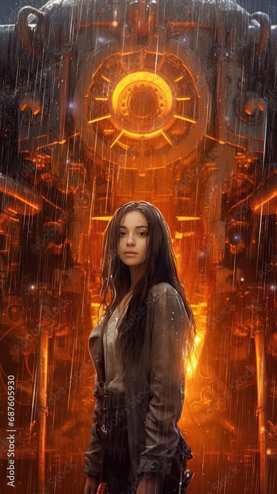 girl with long dark hair standing next to a large machine in the rain