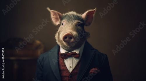 Portrait of a boar dressed in a formal business suit.Generative AI