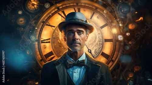 Time traveler portrait in front of a big clock. Concept of temporal displacement, traversing eras, the enigma of time.