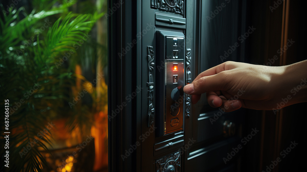Hand pressing a doorbell on a large wooden door. Concept of anticipation, arrival, announcement, invitation, traditional etiquette.