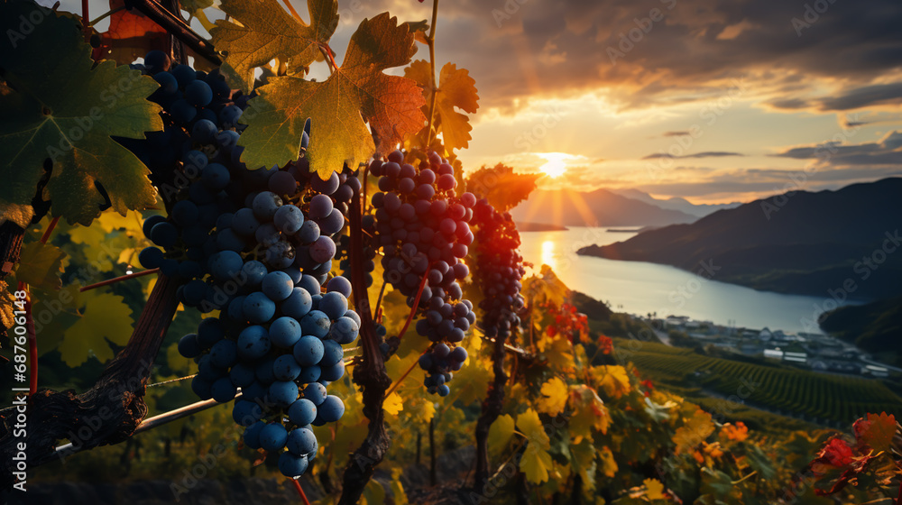 White grapes on a vine in a vineyard on a sunset - obrazy, fototapety, plakaty 