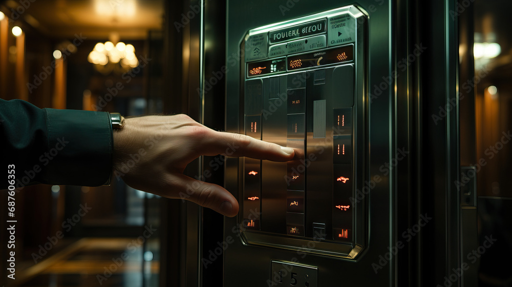 Hand pressing elevator buttons in a high-tech skyscraper. Concept of modern infrastructure, vertical living, convenience, urban efficiency