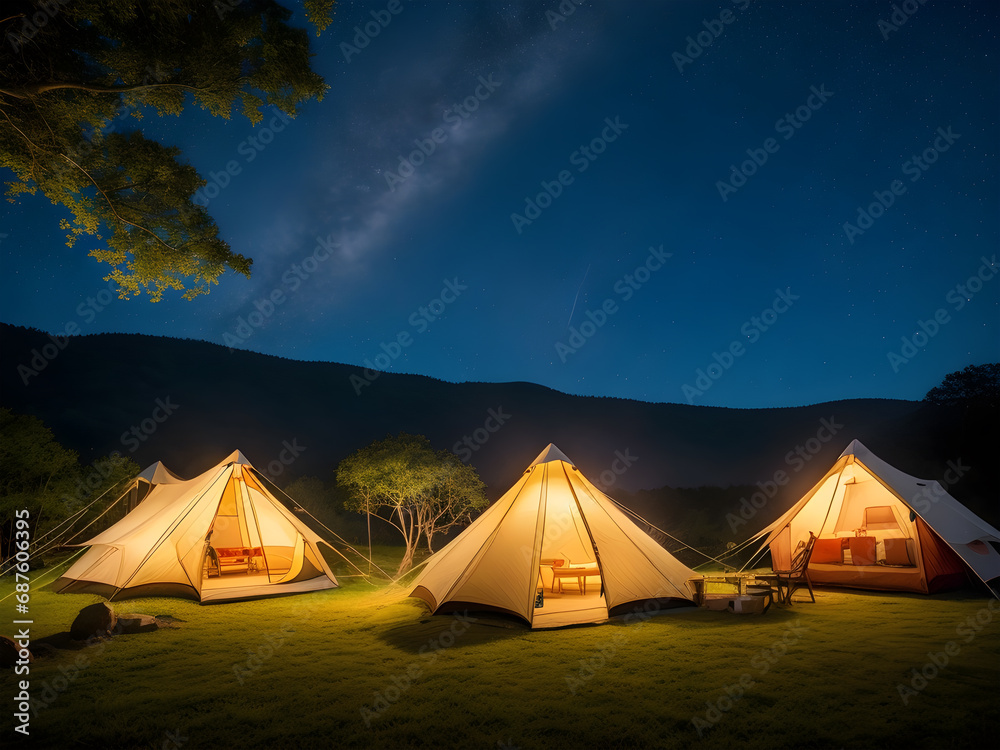 tent with a beautiful view. At night, there are stars in the sky tent with a beautiful view. At night, there are stars in the sky
