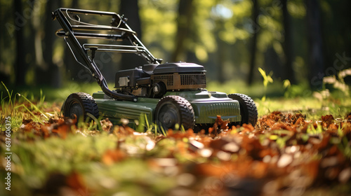 Lawnmower in the grass with fall leaves. Close-up. Concept of seasonal yard maintenance, autumnal chores, transitioning seasons. photo